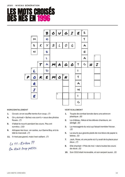 La page Les mots croisés des nés en 1996, remplie