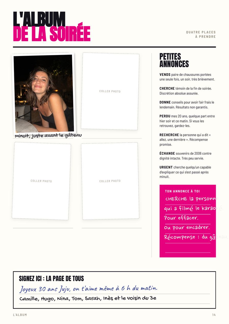 L'album de la soirée, page remplie du numéro de Juju