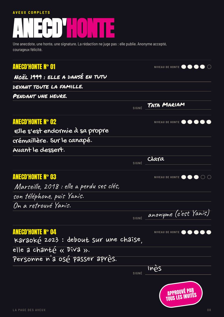 Anecd'Honte, au blanc, page remplie du numéro de Awa