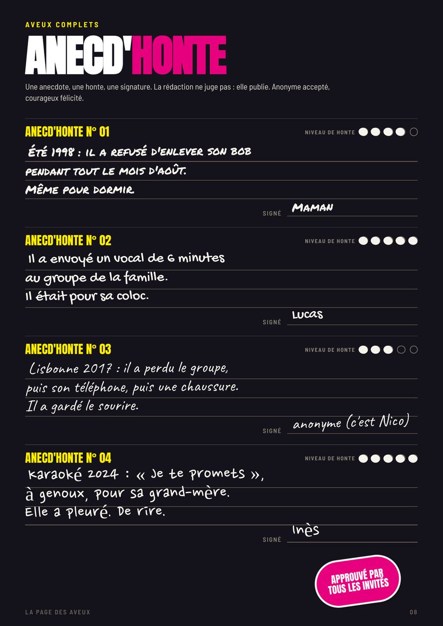 Anecd'Honte, au blanc, page remplie du numéro de Karim