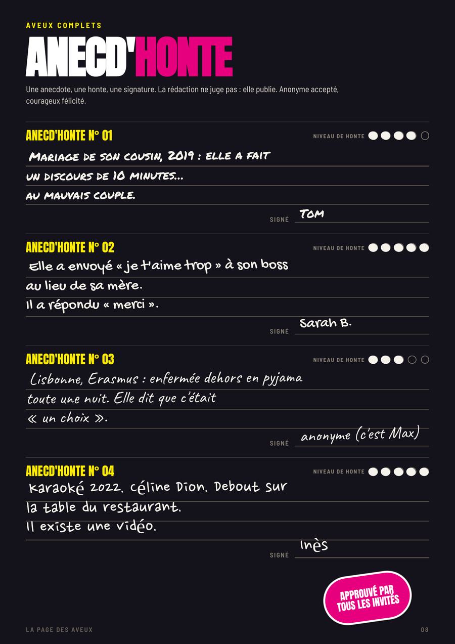 Anecd'Honte, au blanc, page remplie du numéro de Juju