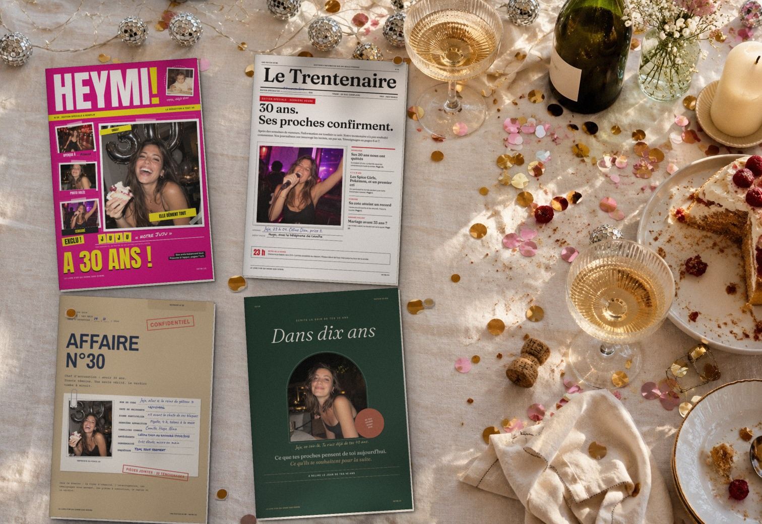 Les quatre magazines remplis pour Juju, posés côte à côte sur une table de fête : Heymi! N°30, Le Trentenaire, Affaire N°30 et Dans dix ans